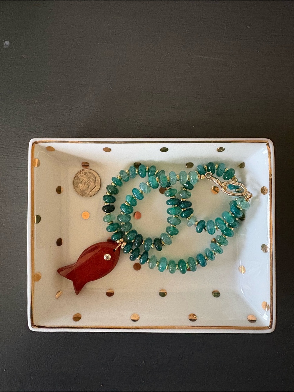 New Anthropologie Seafoam Green Beaded Necklace w/ Red Jasper Fish Pendant - Picture 2 of 6